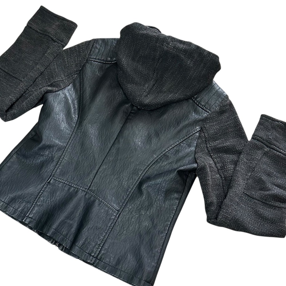 Moto 80's Jacket Womens M Black Excellent Faux Leather Knit Hooded Biker Zippers - Picture 2 of 8